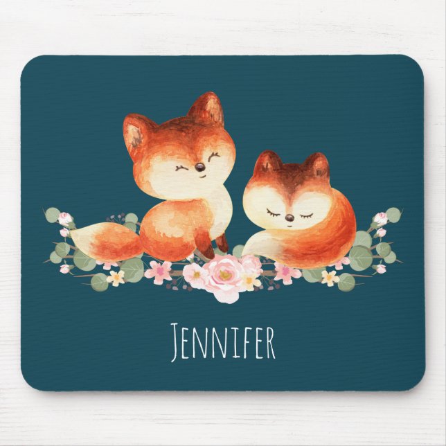  2 Cute Little Red Foxes Watercolor Design Mouse Pad (Front)