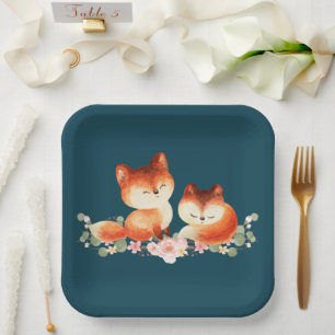 2 Cute Little Red Foxes Watercolor Design Paper Plate