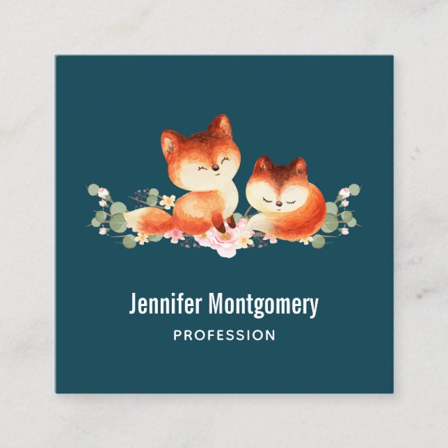 2 Cute Little Red Foxes Watercolor Design Square Business Card (Front)