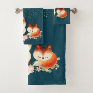 2 Cute Red Foxes under the Stars Bath Towel Set