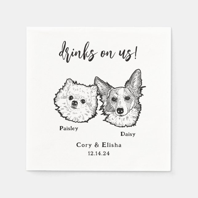 2 Dog Faces Pet Sketch Drinks on Us Wedding Napkin (Front)