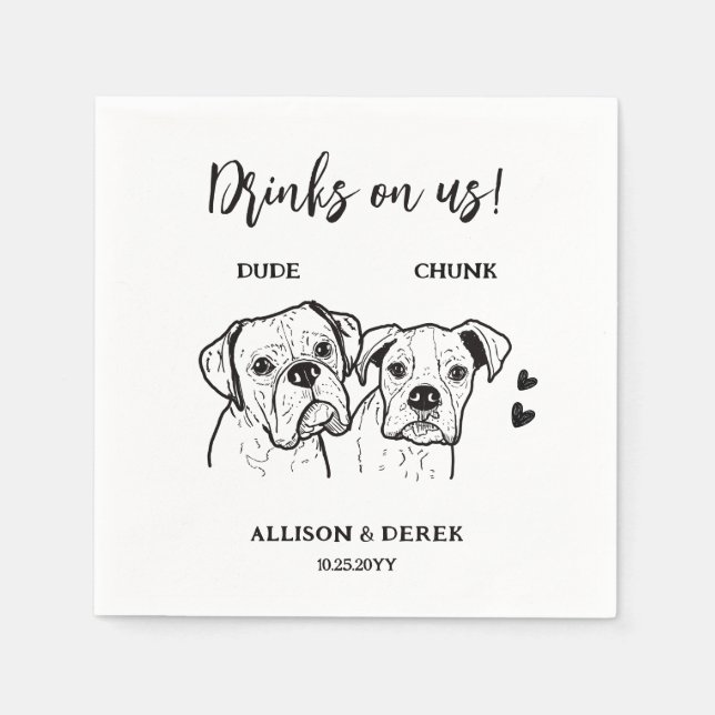 2 Dogs Doodle Drawing Drinks on us Wedding  Napkin (Front)