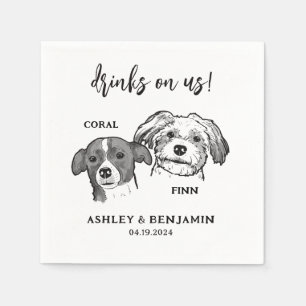 2 Dogs Faces Sketch Pet Drinks on Us Wedding  Napkin