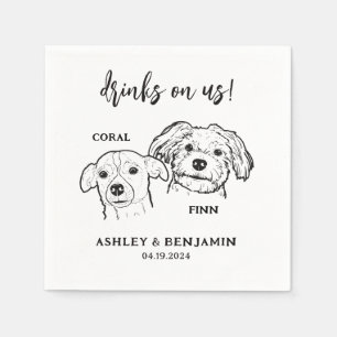 2 Dogs Faces Sketch Pet Drinks on Us Wedding  Napkin