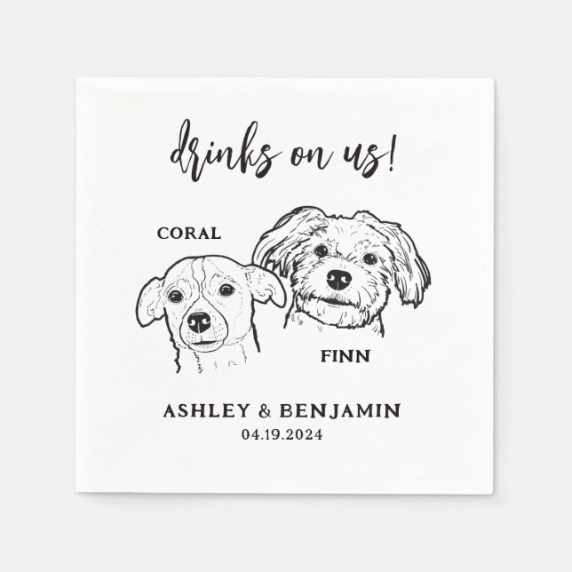 2 Dogs Faces Sketch Pet Drinks on Us Wedding  Napkin (Front)