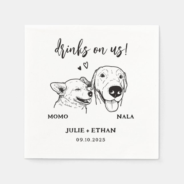  2 Dogs Pet Line Art Drinks on Us Wedding  Napkin (Front)