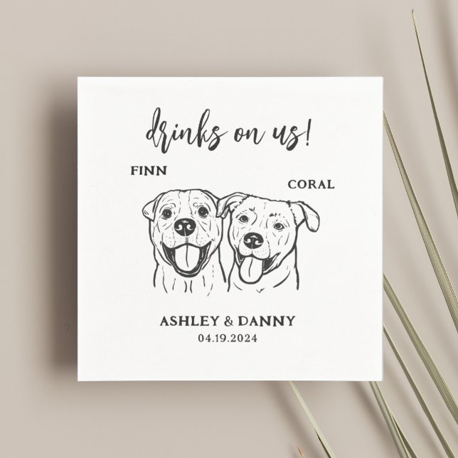  2 Dogs Pet Line Art Drinks on Us Wedding  Napkin (Creator Uploaded)