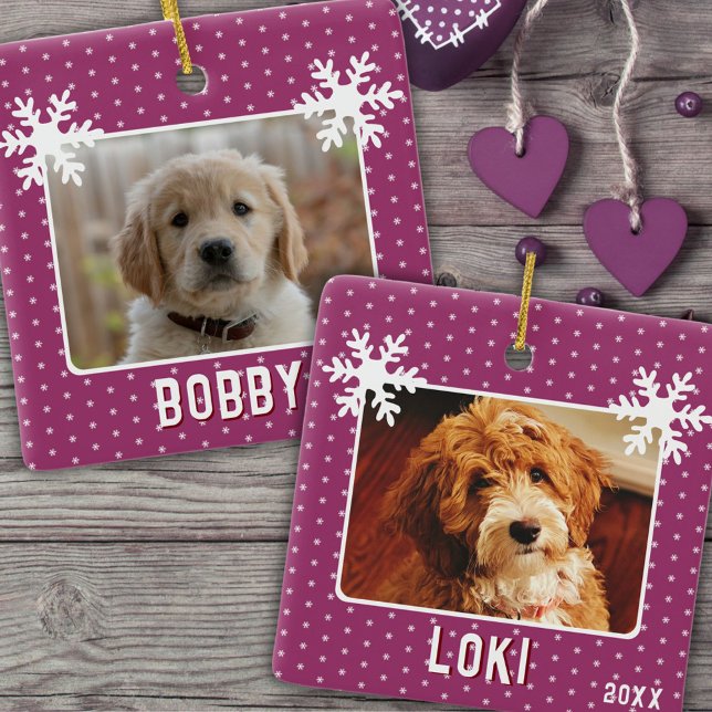 2 Dogs Pets Photos Snowflakes Purple Christmas  Ceramic Ornament (Creator Uploaded)