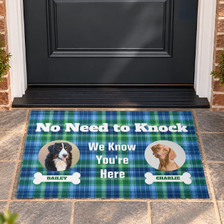 2 Dogs Photos No Need To Knock Blue Green Tartan Doormat