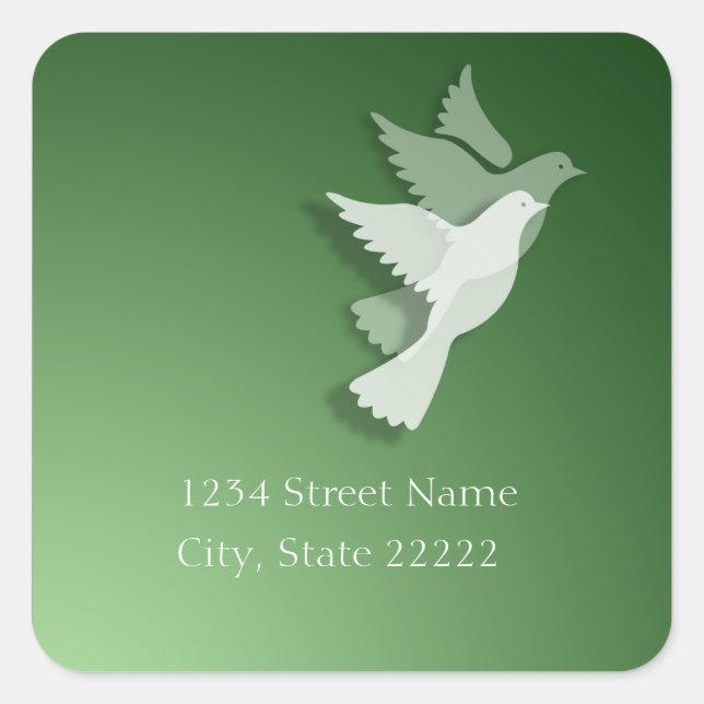 2 Doves of Peace Return Address Green Square Sticker (Front)