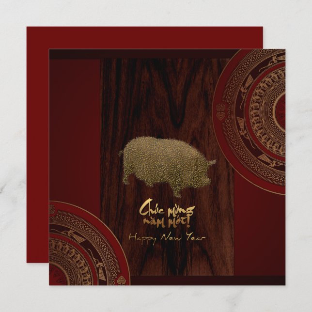 2 Drums Pig Year Vietnamese Square Invitation (Front/Back)