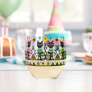 2 egypt cats with piramids stemless wine glass