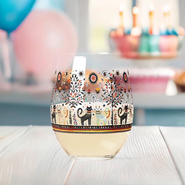 2 egypt cats with piramids stemless wine glass (Insitu (Baby Shower))