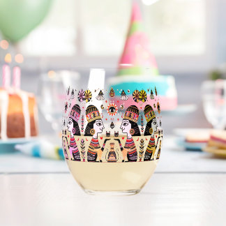 2 egyptians with cats and pyramids stemless wine glass