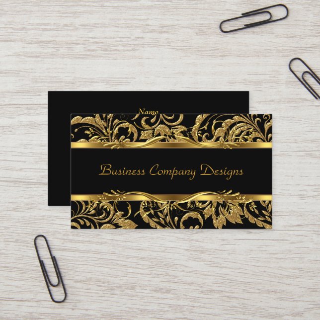 2 Elegant Classy Gold Black Damask Embossed Look Business Card (Front/Back In Situ)