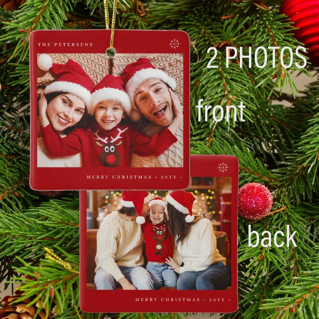 2 family photos simple Christmas minimal fun red Ceramic Ornament (Creator Uploaded)