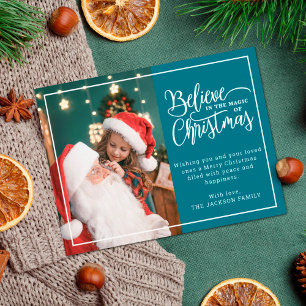 2 family photos teal Believe in Christmas magic Holiday Postcard
