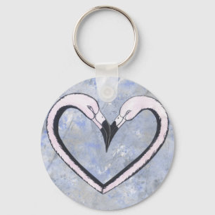 2 Flamingo kiss heart on blue Key Ring