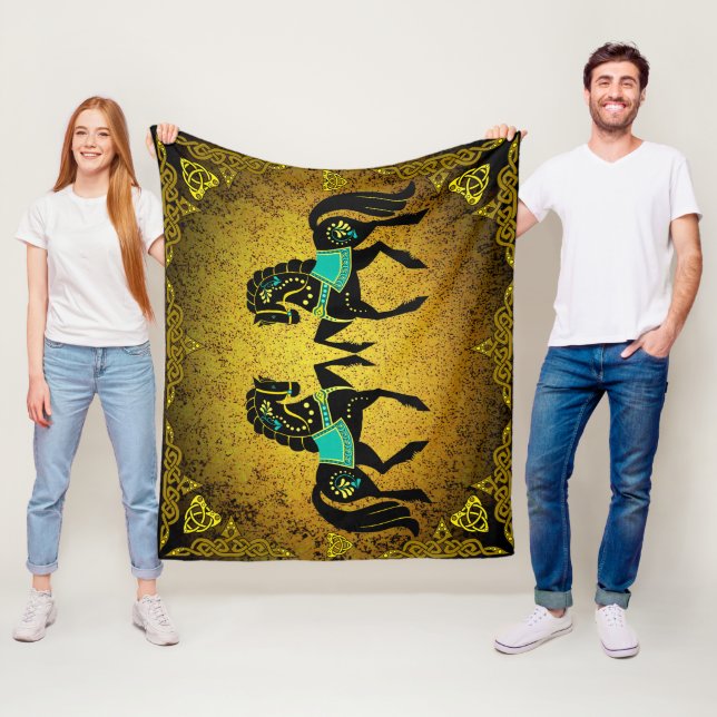 2 Folk black  Friesian Viking heart gold/turquoise Fleece Blanket (In Situ)