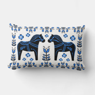 2 Folk Dala Horse/Folk floral/Friesian, black/blue Lumbar Cushion