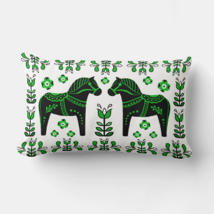 2 Folk Dala Horse/Folk floral/Friesian/black/green Lumbar Cushion