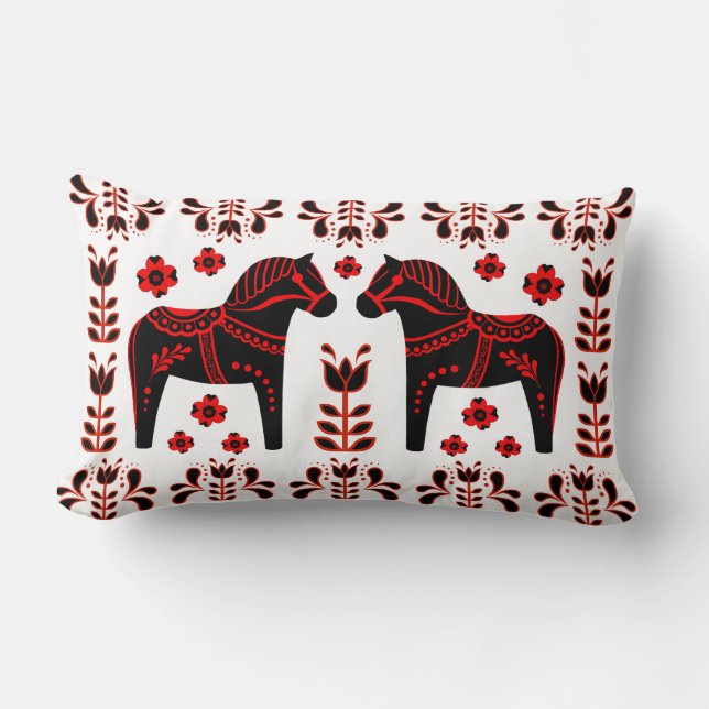 2 Folk Dala Horse/Folk floral/Friesian, black/red Lumbar Cushion (Front)