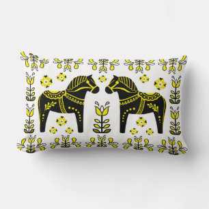 2 Folk Dala Horse/Folk floral/Friesian/black/yello Lumbar Cushion
