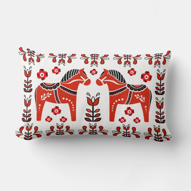 2 Folk Dala Horse/Folk floral, white/black/red Lumbar Cushion (Front)