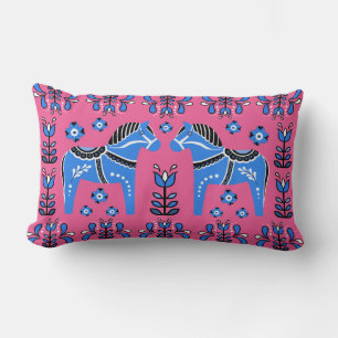2 Folk Dala Horse/Folk floral, white/pink/blue Lumbar Cushion