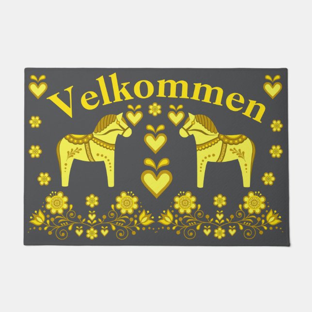 2 Folk Dala horse gold/charcoal Velkommen, welcome Doormat (Front)
