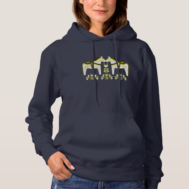 2 Folk Dala Horses, Black/white/yellow /Andalusian Hoodie (Front)
