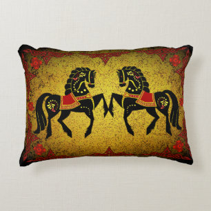 2 Folk Friesian/Frisian gold/red/black stallion Decorative Cushion