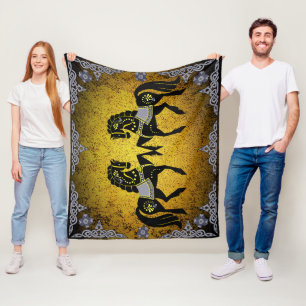 2 Folk Friesian/Frisian silver/gold/black stallion Fleece Blanket
