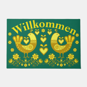 2 Folk love birds, gold/Aqua Willkommen, welcome Doormat