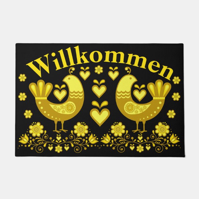 2 Folk love birds, gold/black Willkommen, welcome Doormat (Front)