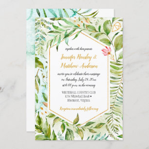 #2 Geometric Pink Green Gold Botanicals Wedding Invitation