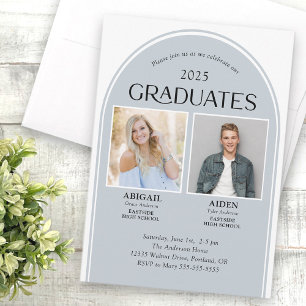 2 Graduates Dusty Blue Arch Double Graduation Invitation