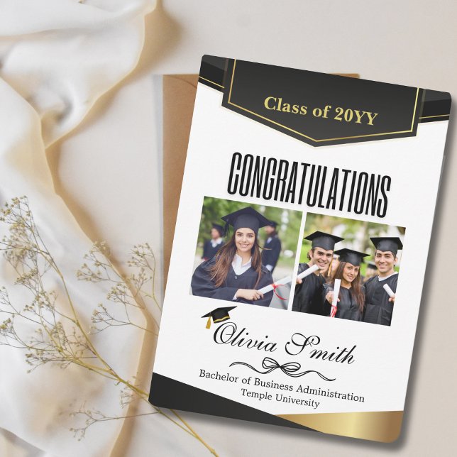2 Graduation Photo Congratulations Black Gold Holiday Card (Creator Uploaded)