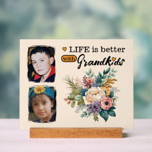 2 grandkids photo floral orange acrylic sign