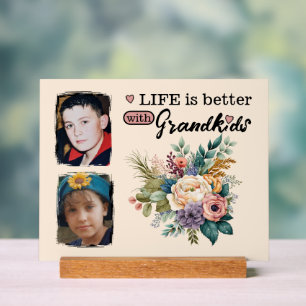 2 grandkids photo floral pink acrylic sign