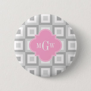 2 Grey Wht Conc Square Pink Quatrefoil 3 Monogram 6 Cm Round Badge