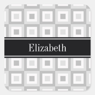 2 Grey Wht Concentric Square Black Name Monogram Square Sticker