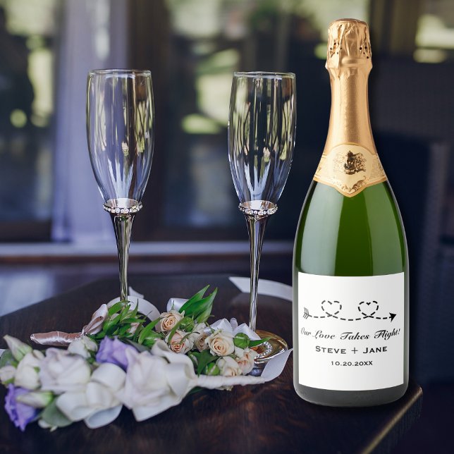 2 Hearts Arrow Modern Romantic Travel Love Wedding Sparkling Wine Label (Creator Uploaded)