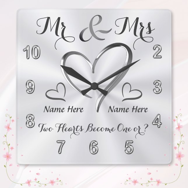 2 Hearts Become One, Personalised Wedding Clock (Mr and Mrs wedding clock. Wedding shower gifts. Personalized wedding gifts for bride and groom. )