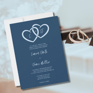 2 Hearts Intertwined with Initials Indigo Wedding Invitation