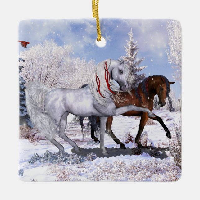 2 Horse Scenes Holiday Ceramic Ornament (Front)