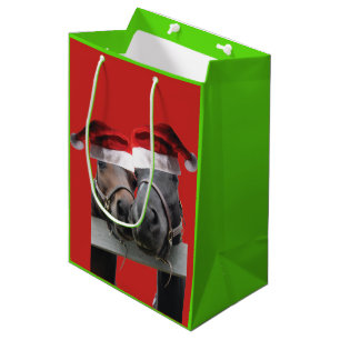 2 Horses Kissing with Santa Hats on Medium Gift Bag