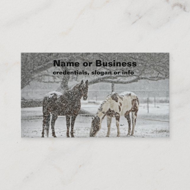 2 Horses Outside in Winter during Snowy Weather Business Card (Front)