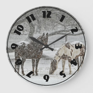 2 Horses Outside in Winter during Snowy Weather Large Clock