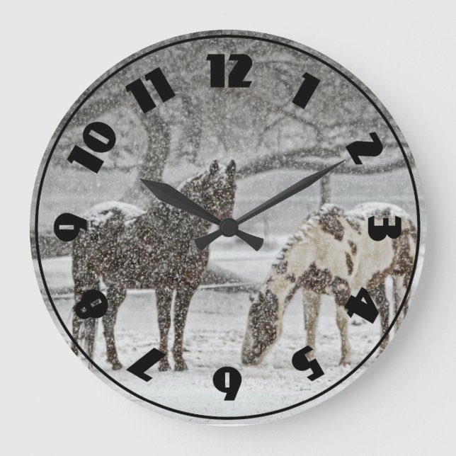 2 Horses Outside in Winter during Snowy Weather Large Clock (Front)